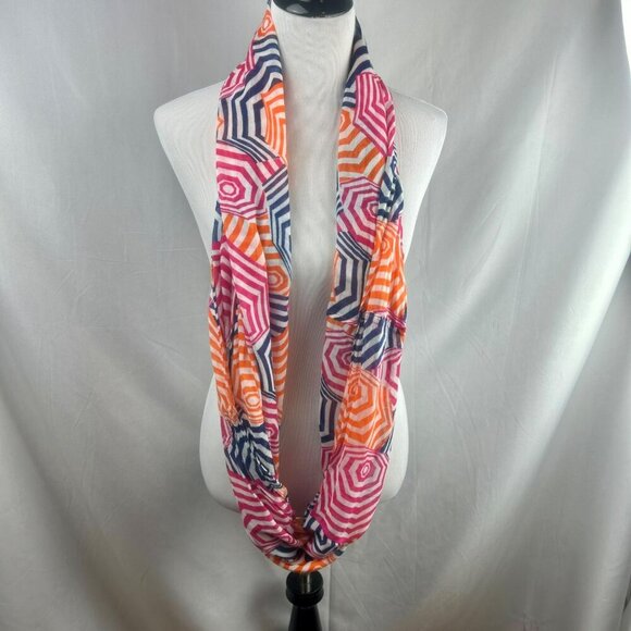 2 Scarf Bundle Plaid Novelty Print Beach Umbrellas Orange Pink Blue Green - Picture 6 of 7